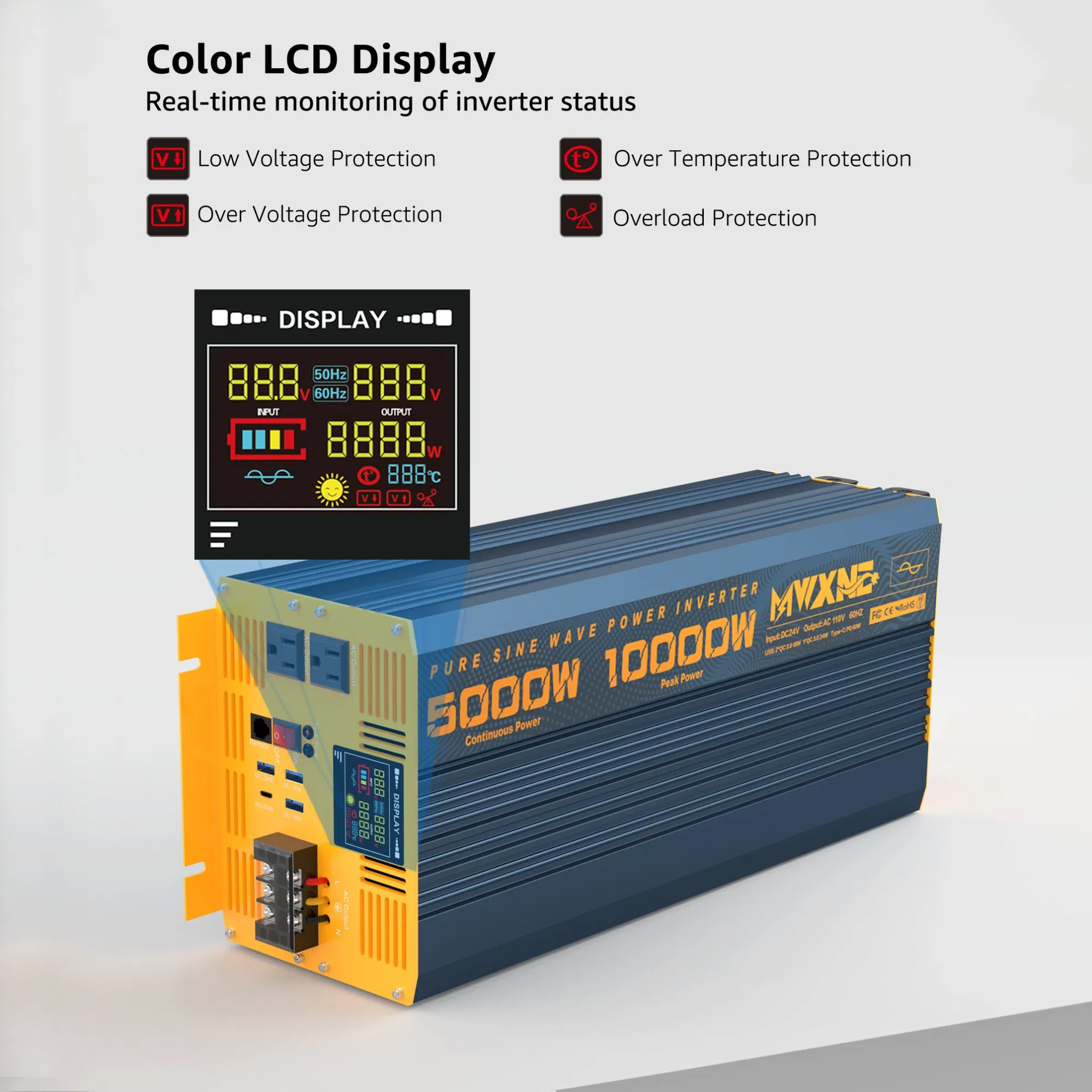 USA Warehouse Car Power Converter Wireless Remote Control Pure Sine Wave Inverter 1000W 2000W 3000W 4000W 5000W