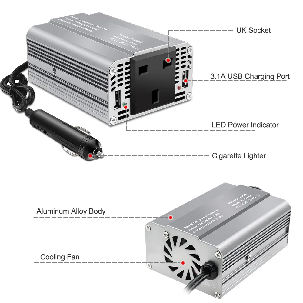 200W DC 12V to AC 220V Squre Sine Wave Car Power Inverter with UK Outlets
