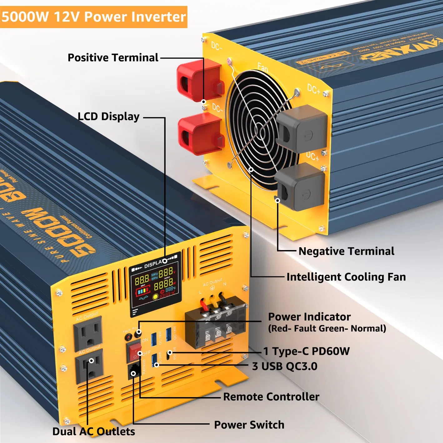 USA Warehouse Car Power Converter Wireless Remote Control Pure Sine Wave Inverter 1000W 2000W 3000W 4000W 5000W