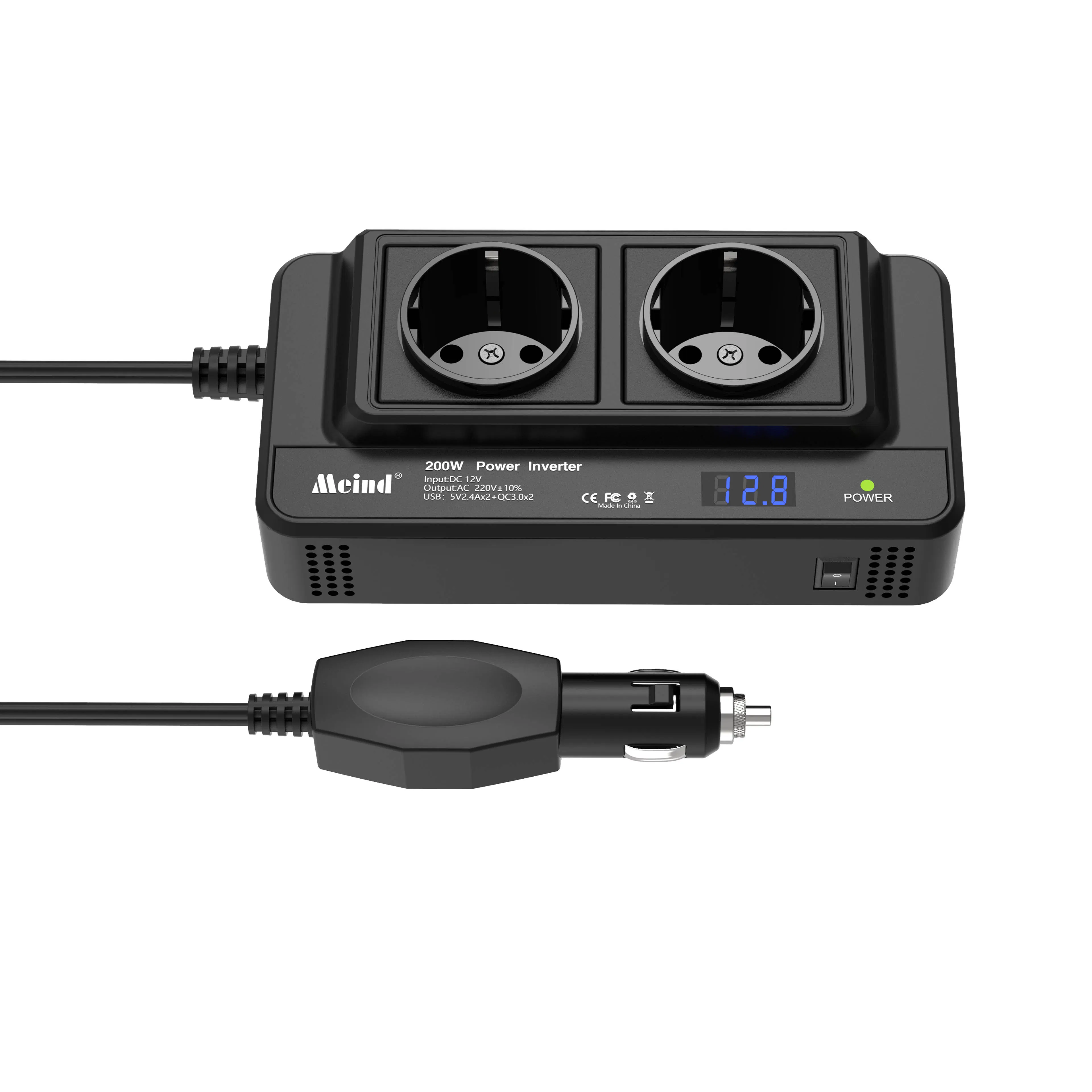 Meind Continuous Power 200W Peak Power 400W Car Inverter DC 12V to 220V 230V Car Power Adapter With4 USB Charging Ports