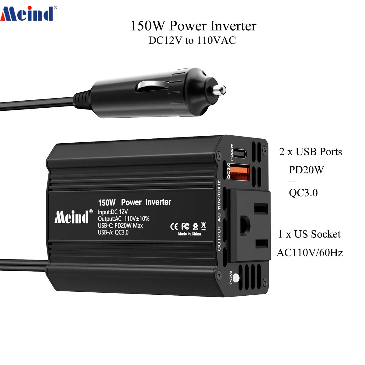 Meind Portable 150W Car Inverter 12V to 110V Power Inverter with Dual USB