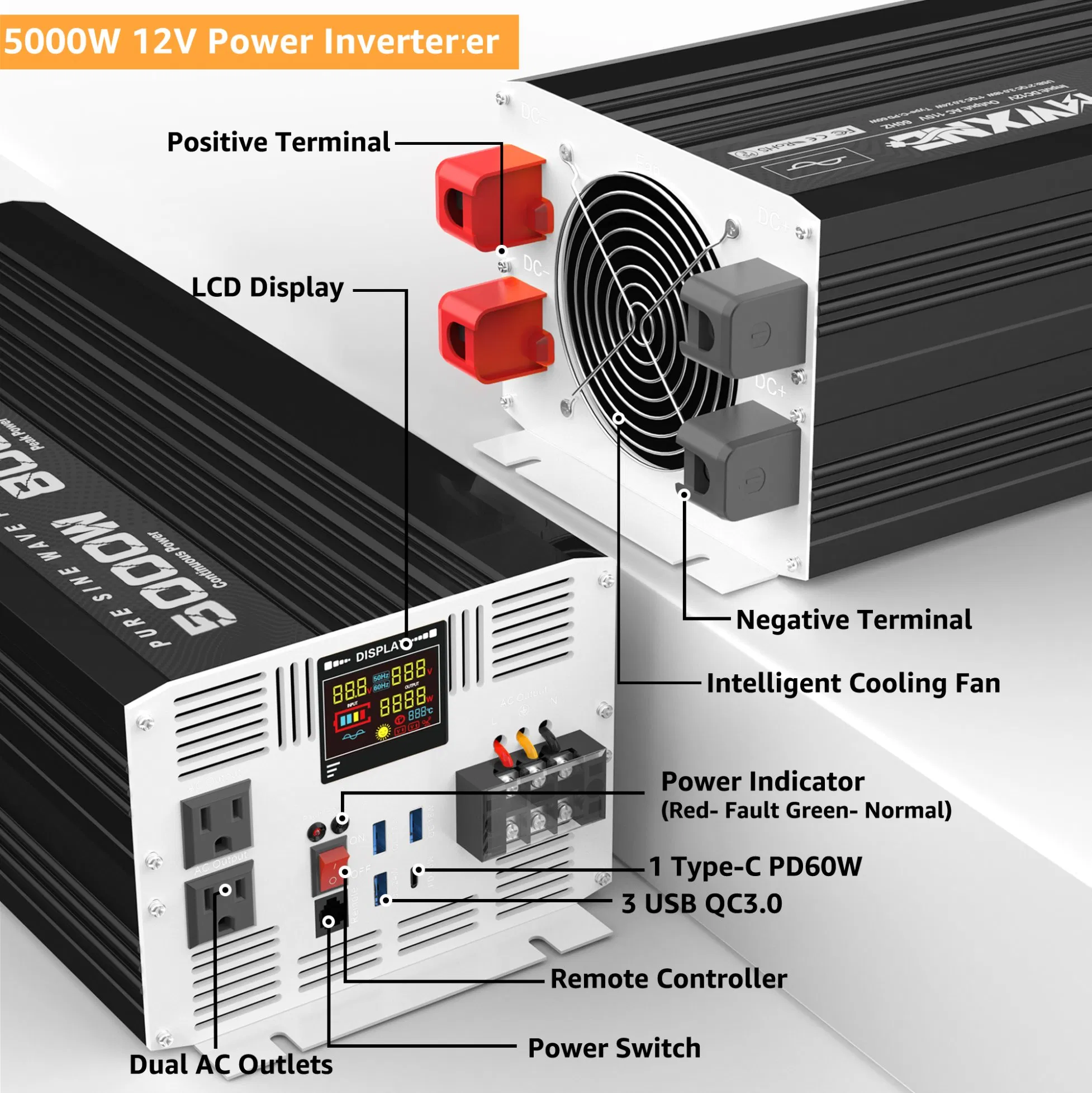 Custom 5000W DC to AC 12V 24V 48V to AC 110V 220V Pure Sine Wave Power Inverter