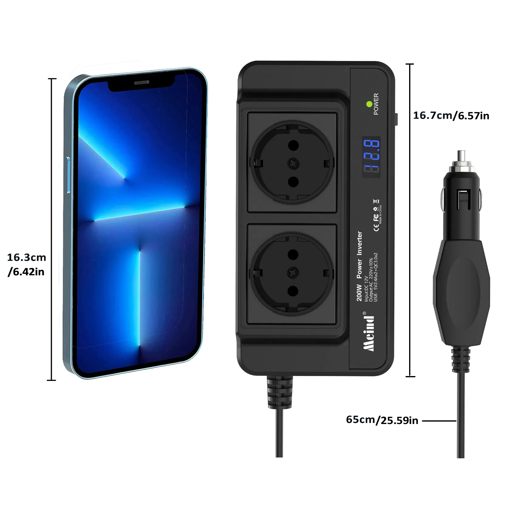 Meind Continuous Power 200W Peak Power 400W Car Inverter DC 12V to 220V 230V Car Power Adapter With4 USB Charging Ports