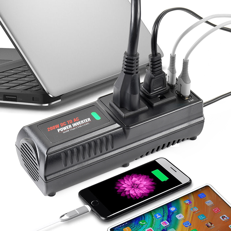 200W Pure Sine Wave Power Inverter DC 12V/24V to AC 110V/220V Car Inverter for RV Camper Van Truck Travel Camping