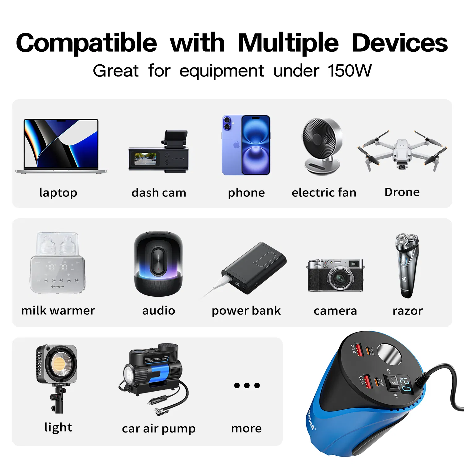 Multifunction Portable Power Universal 150W 3.0 Car Mini Inverter with 4 USB