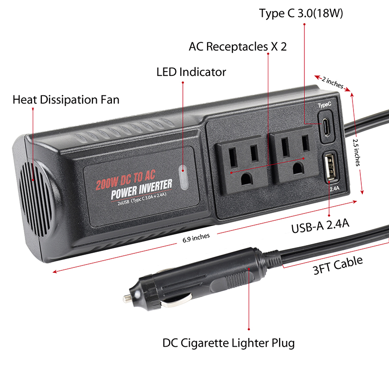200W Pure Sine Wave Power Inverter DC 12V/24V to AC 110V/220V Car Inverter for RV Camper Van Truck Travel Camping