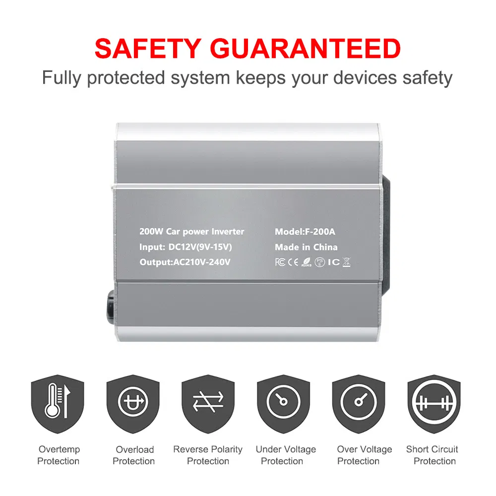 200W DC 12V to AC 220V Squre Sine Wave Car Power Inverter with UK Outlets