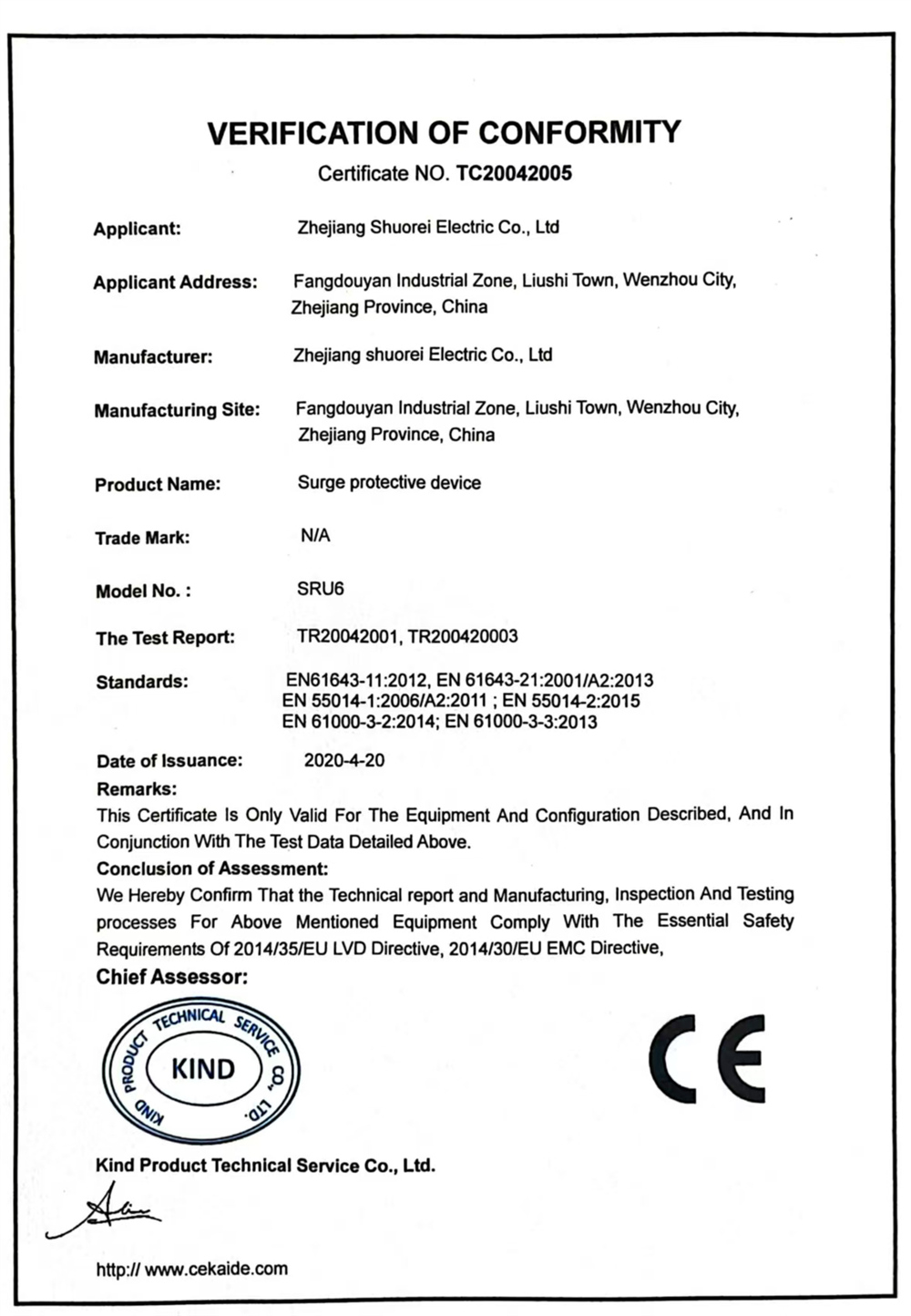 Shuorui Electric export compliance and product safety certificate