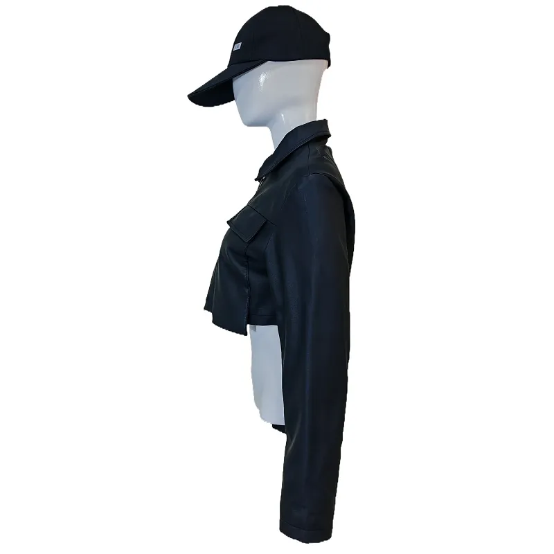 جاكيت دراجة نسائي قصير من الجلد الصناعي الأسود مع ياقة وسحاب، معطف موضة الشارع
