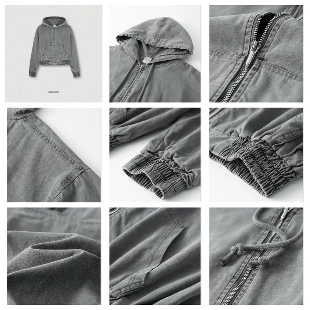 460GSM 100%Cotton سترة هوديز نسائية عتيقة رمادية اللون، سترة هوديي فضفاضة للنساء، سحاب مميز، قصيرة، سادة