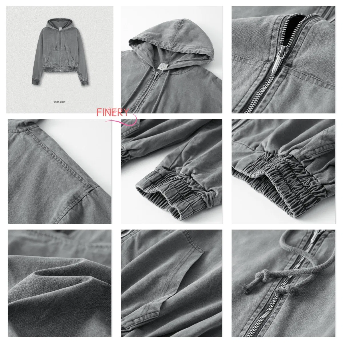 460GSM 100%Cotton سترة هوديز نسائية عتيقة رمادية اللون، سترة هوديي فضفاضة للنساء، سحاب مميز، قصيرة، سادة