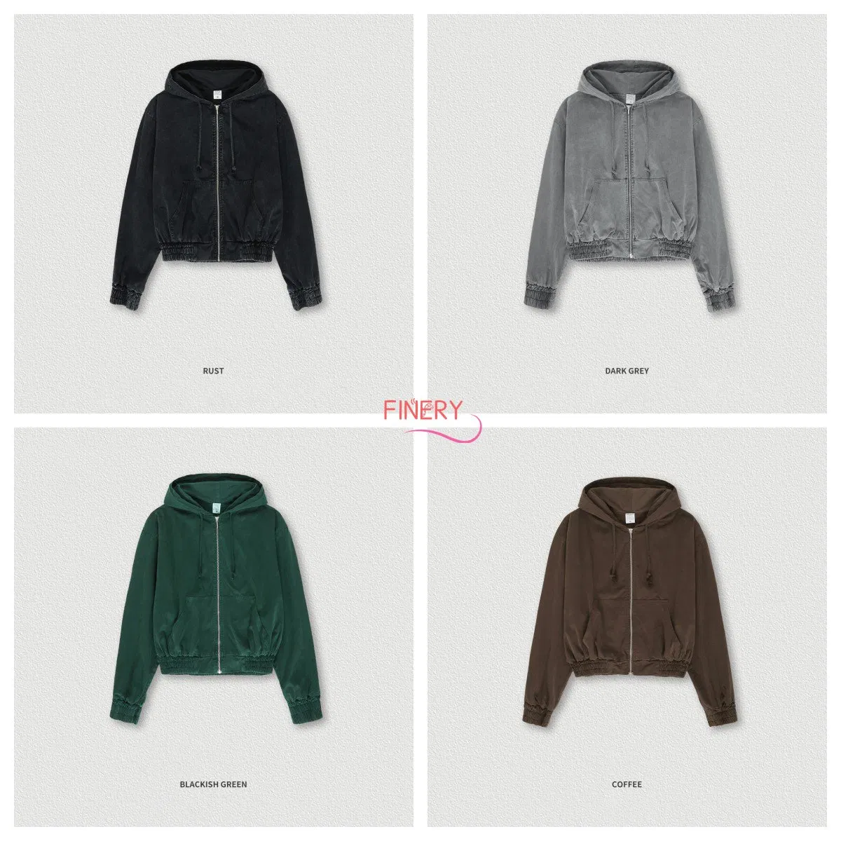 460GSM 100%Cotton سترة هوديز نسائية عتيقة رمادية اللون، سترة هوديي فضفاضة للنساء، سحاب مميز، قصيرة، سادة