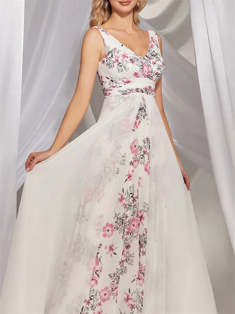 New Chiffon V Neck White Floral Dress Slim Fit Long Gown for Bridesmaids and Banquets