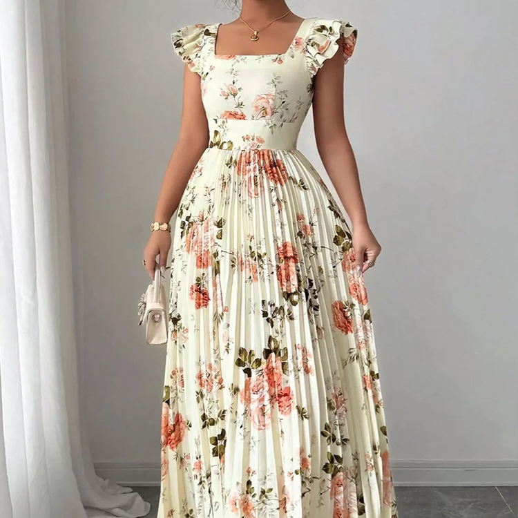 Square Neck Ruffle Sleeve High Waist Pleated Floral Eco-Friendly Breathable Casual Floor-Length Maxi Dress