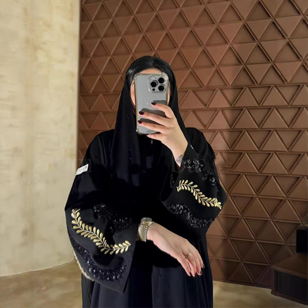 Muslim Women's Wholesale Modest Black Abaya Gold Wheat Embroidery Sequin Islamic Robe Elegant Casual Formal Wear Dress