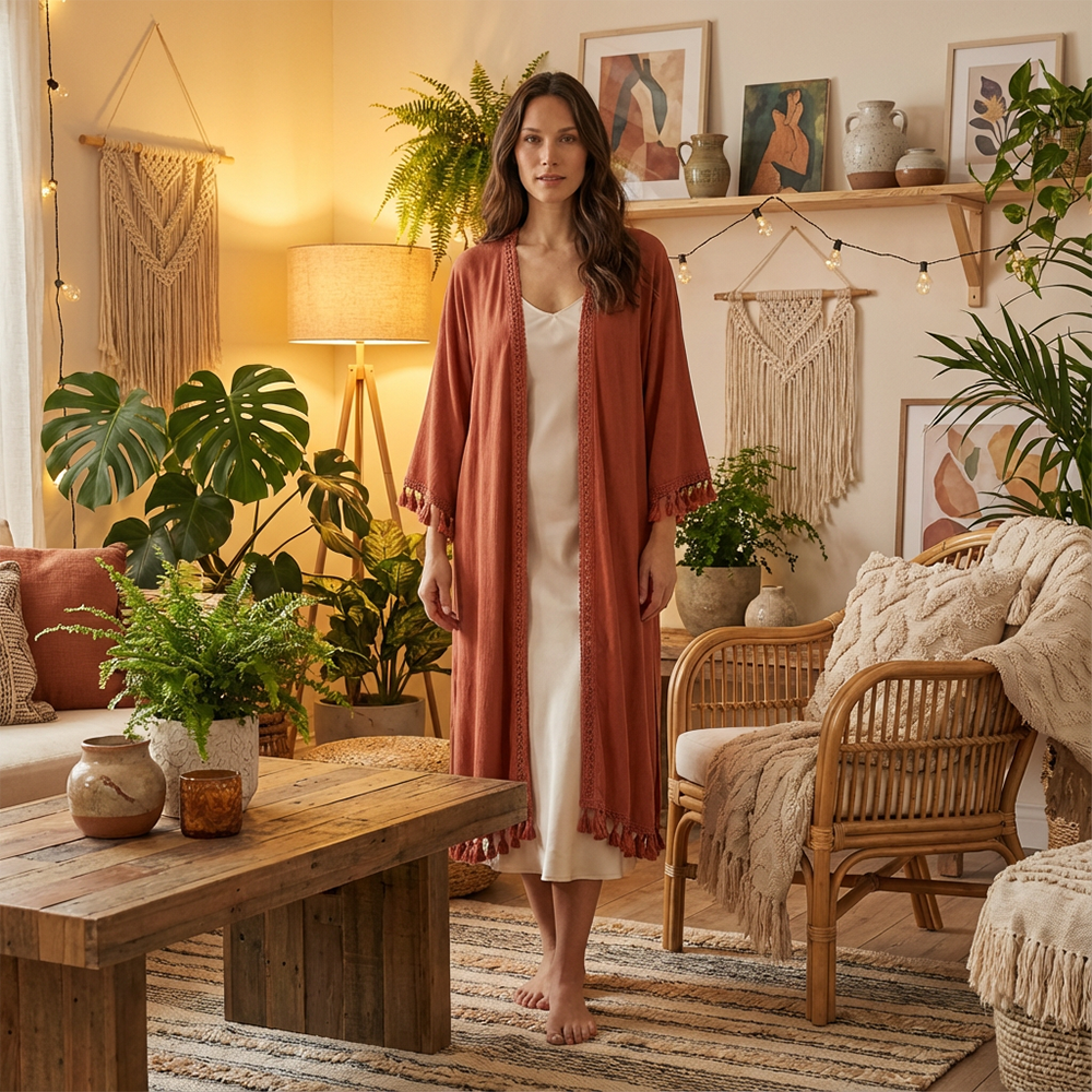 Boho Tassel Kimono Cardigan Satin Slip Dress Set Women Casual Long Sleeve Cover Up Dress Outfit