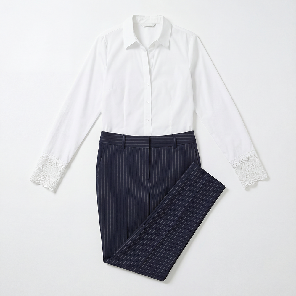 OEM ODM Women's 2 Piece Maxi Loose Modal Office Outfit White Lace Cuff Shirt &amp; Navy Pinstripe Pants Set Business Casual Workwear