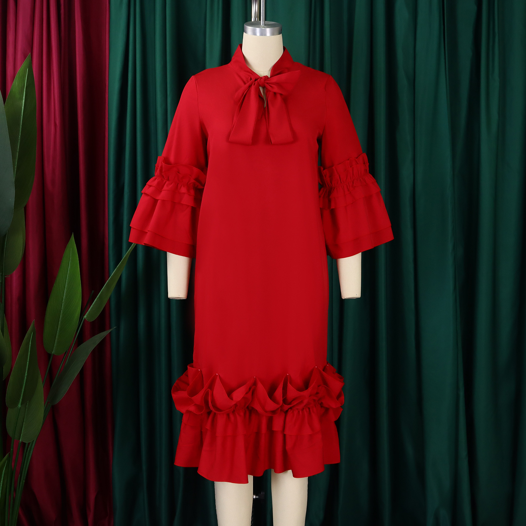 Women's 2026 Spring Elegant Tie Neck Dress 3/4 Ruffle Sleeve Solid Pattern Knee-Length Loose Fit Office Formal Wear Dresses