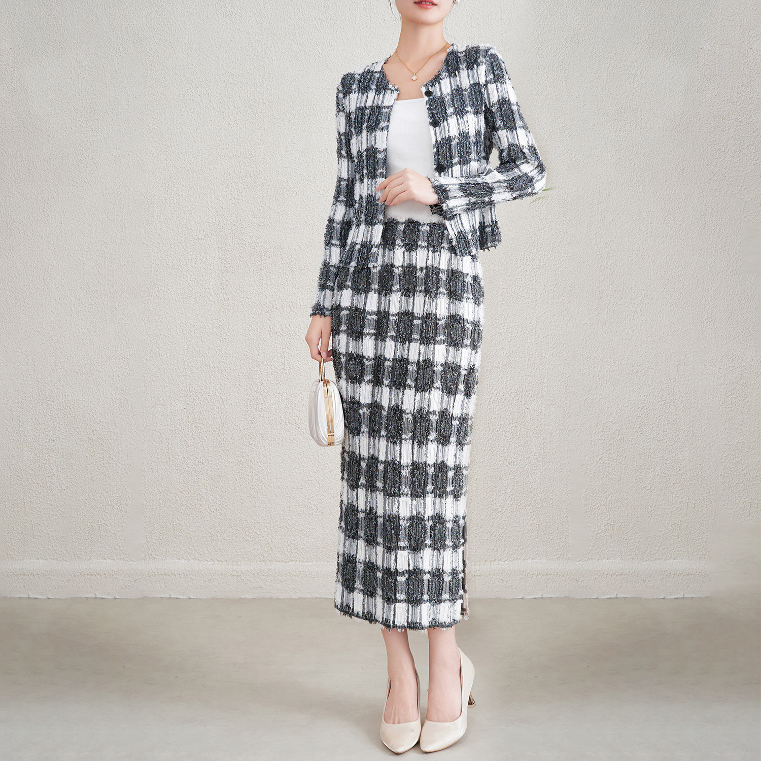 French-style Vintage ELEGANT Pleated Women's Set Character Pattern Top Skirt Button Detail 100% Polyester for Formal Occasions