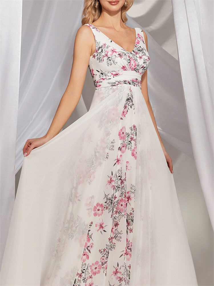 New Chiffon V Neck White Floral Dress Slim Fit Long Gown for Bridesmaids and Banquets