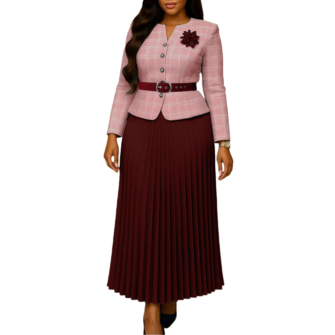Women's 2 Piece Formal Suit Plaid Blazer and Pleated Maxi Skirt Set with Belt and Brooch