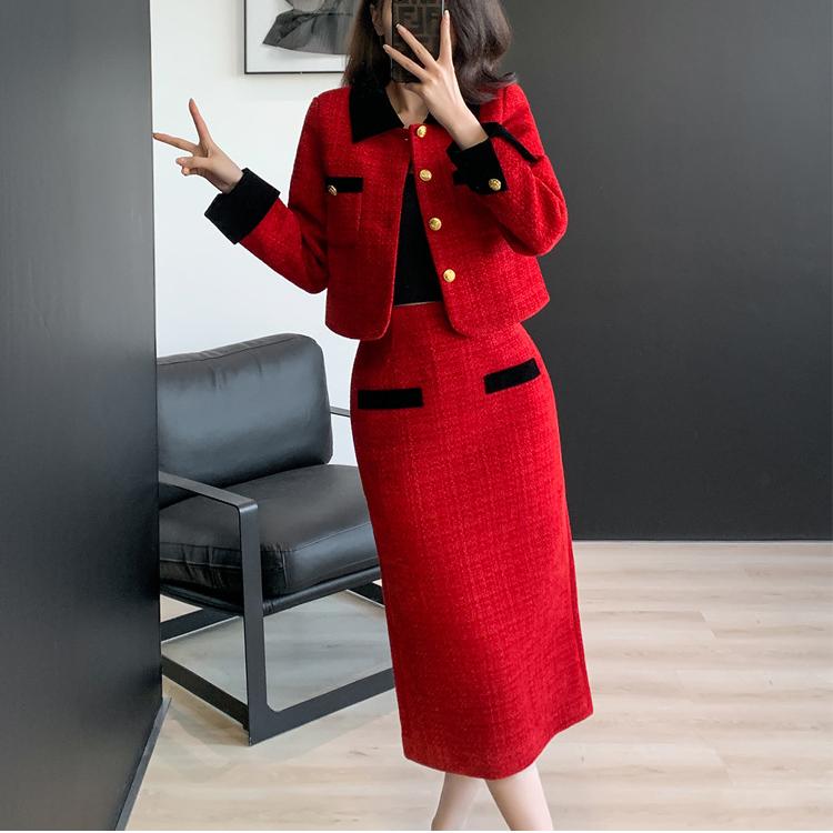 Polyester Casual Autumn Solid Button Pockets Turn Down Collar Khaki Women's Two Pieces Tweed Midi Skirt Suit Jackets Blazer Set