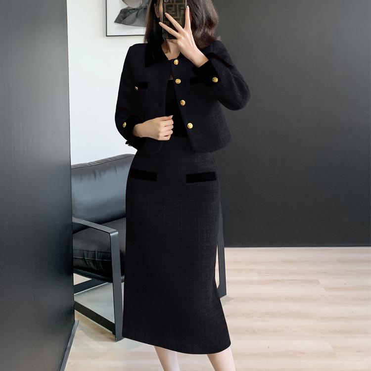 Polyester Casual Autumn Solid Button Pockets Turn Down Collar Khaki Women's Two Pieces Tweed Midi Skirt Suit Jackets Blazer Set