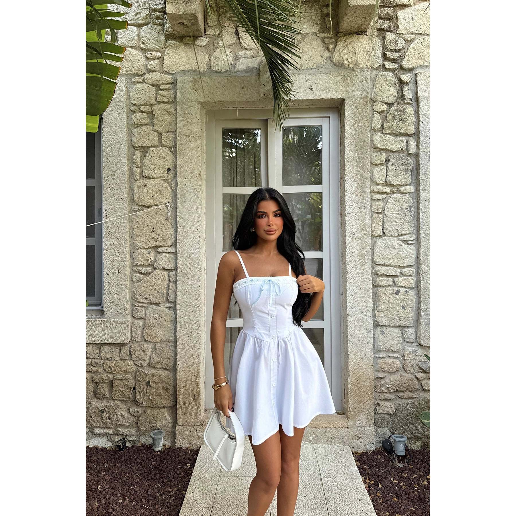 High White Strappy Floral Solid Mini Dress Square Collar Lining Modest Party Formal Sweet Day Graduation Winter Autumn Spring XS