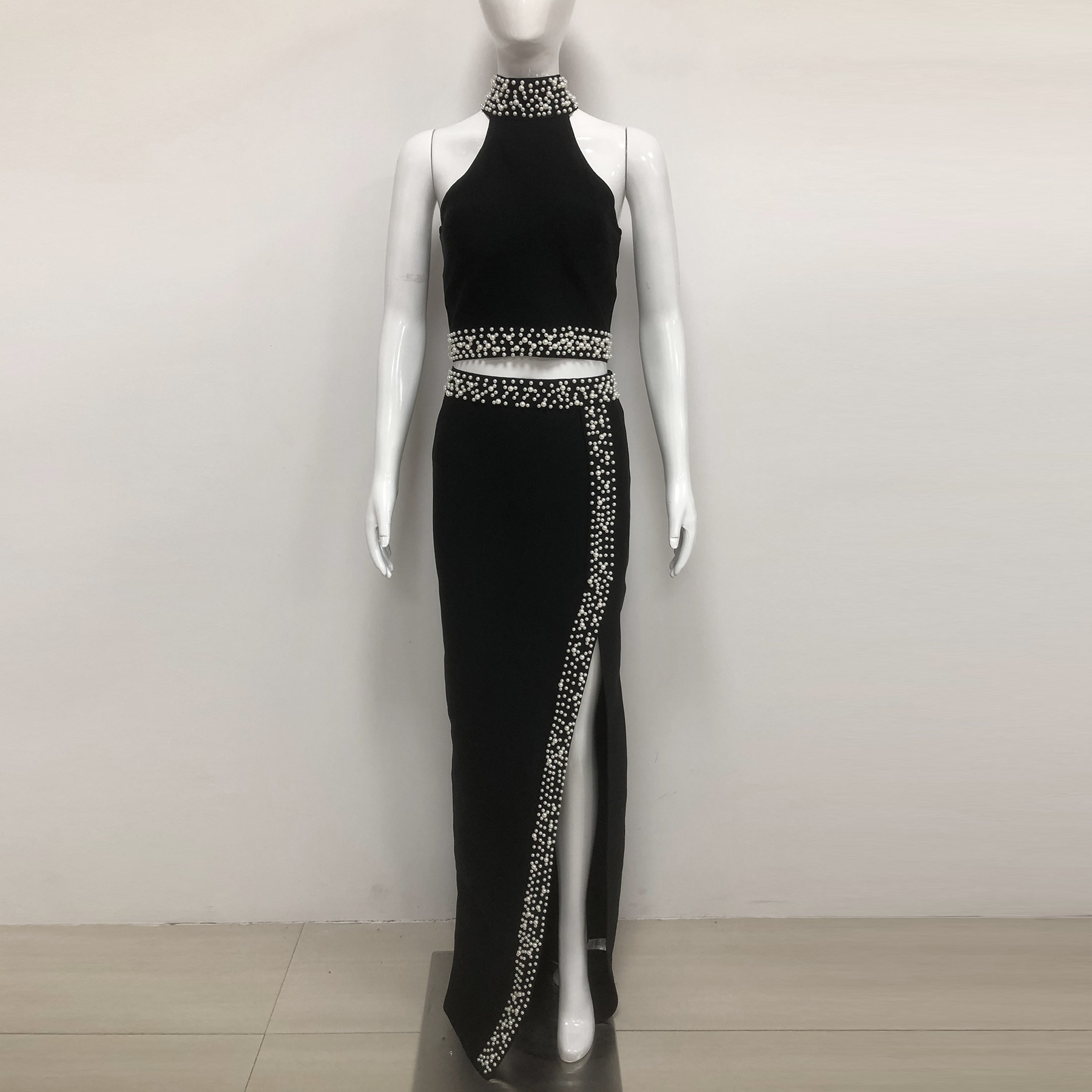 OEM Women Garment Producing Factory Elegant Black High Slit Skirt Top Set Women's Party Wear Formal Two Piece Bandage Set