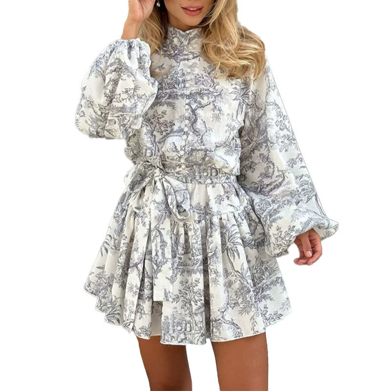 2024 Custom Women's Floral Pleated Dress Elegant Formal Knee-Length With Long Sleeves Natural Waistline