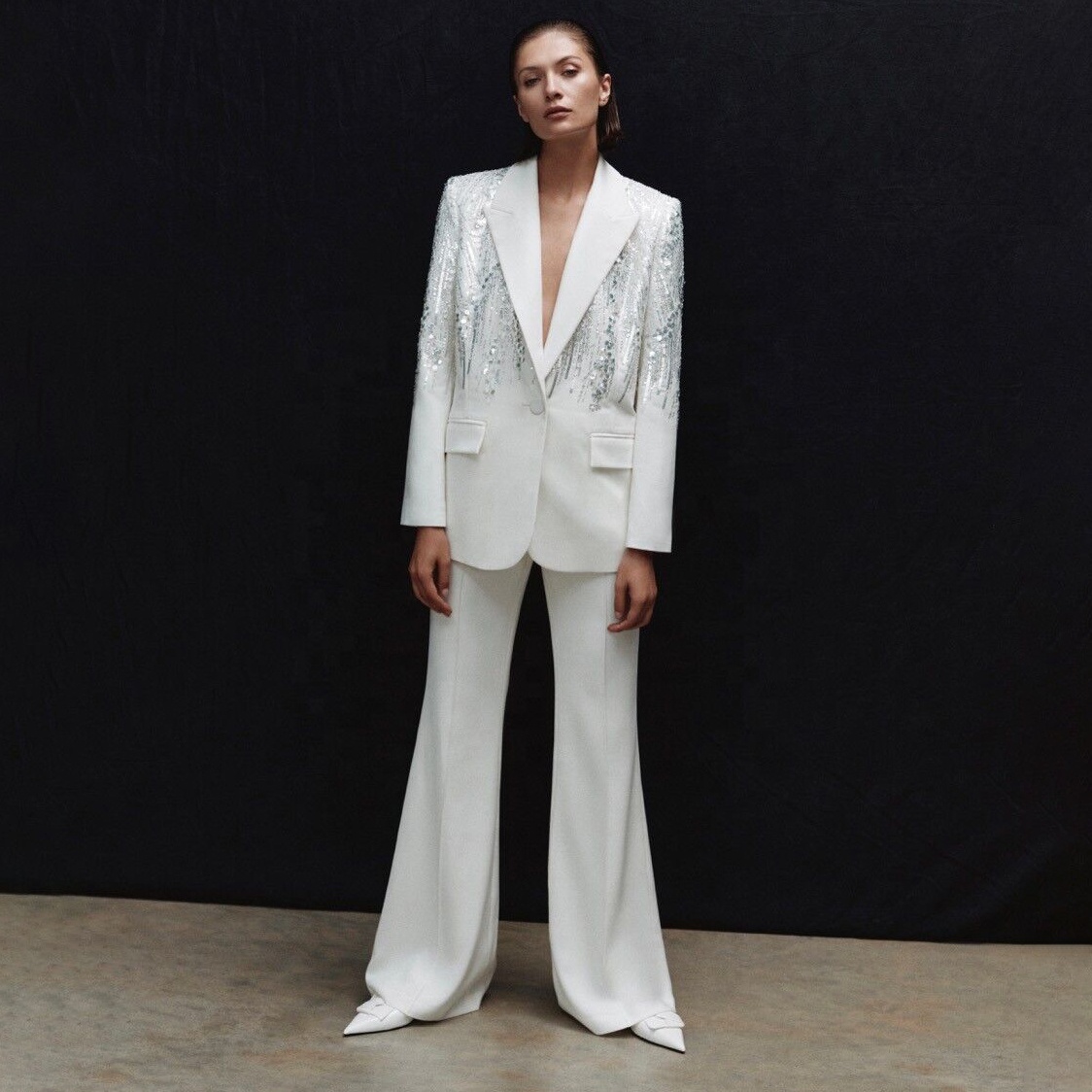 Women White Minimalist Style Blazer Suits Party Garment Long Sleeve Silver Sequined Embroidery Flare Pants Two Piece Set Outfits