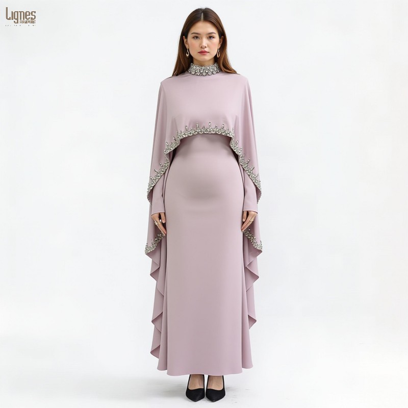 New Design Hand-Sewn Rhinestone Abaya Kaftan Light Pink Elegant Muslim Long Dress for Formal Occasions