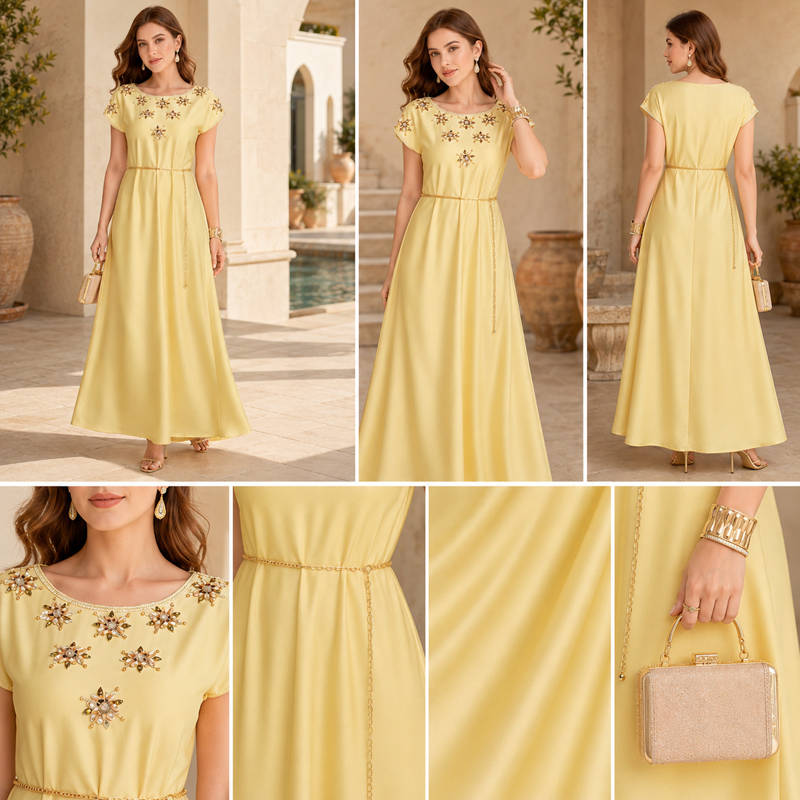 OEM Factory Wedding Guest Muslim Dress with Lace Details for Banquet Islamic Fashion