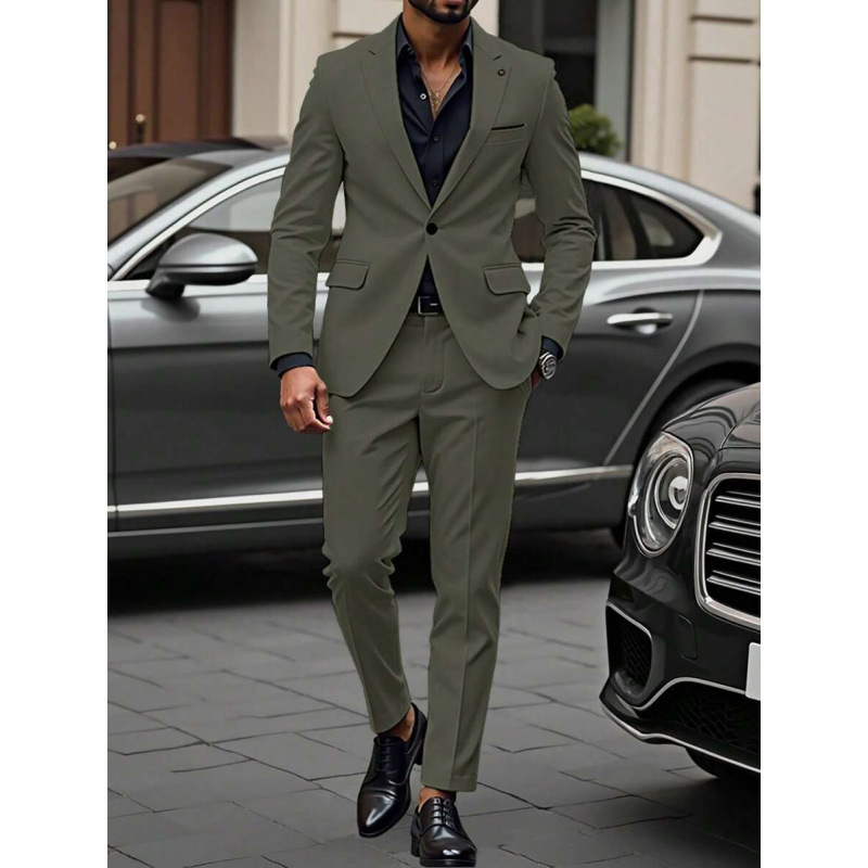 2-Piece Fashionable Green Men's Suit Single Breasted Worsted Jacket Long Pants Slim Fit Business Formal Anti-Shrink Suit for Men