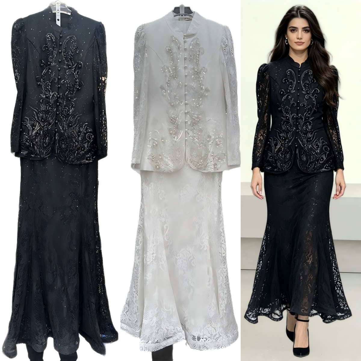 Women's Elegant Black 2 Piece Suit Lace Beaded Jacket and Mermaid Maxi Skirt for Formal Events Wedding Guest Party Modest Sets