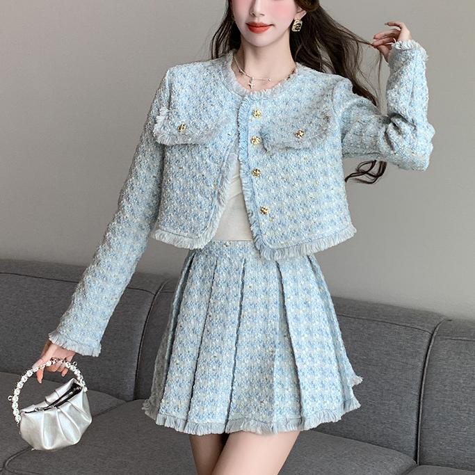 Casual Autumn Solid Color Crew Neck Button Blazer Mini Pleated Skirt New Luxury Tweed Suit Elegant Two Piece Set For Women Tweed