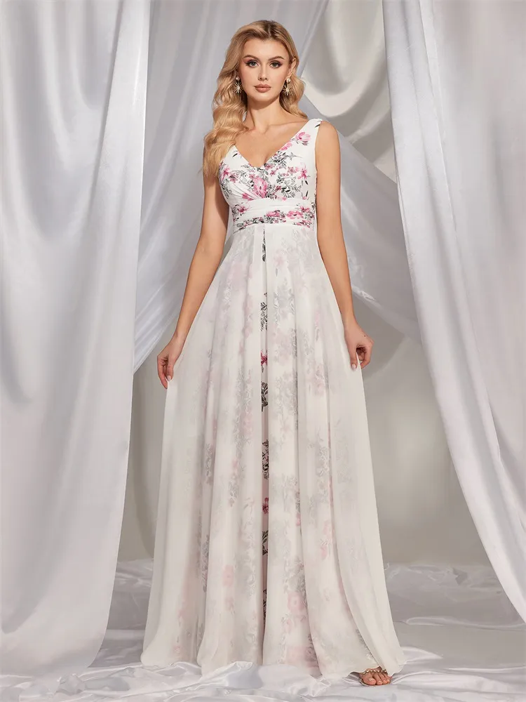 New Chiffon V Neck White Floral Dress Slim Fit Long Gown for Bridesmaids and Banquets