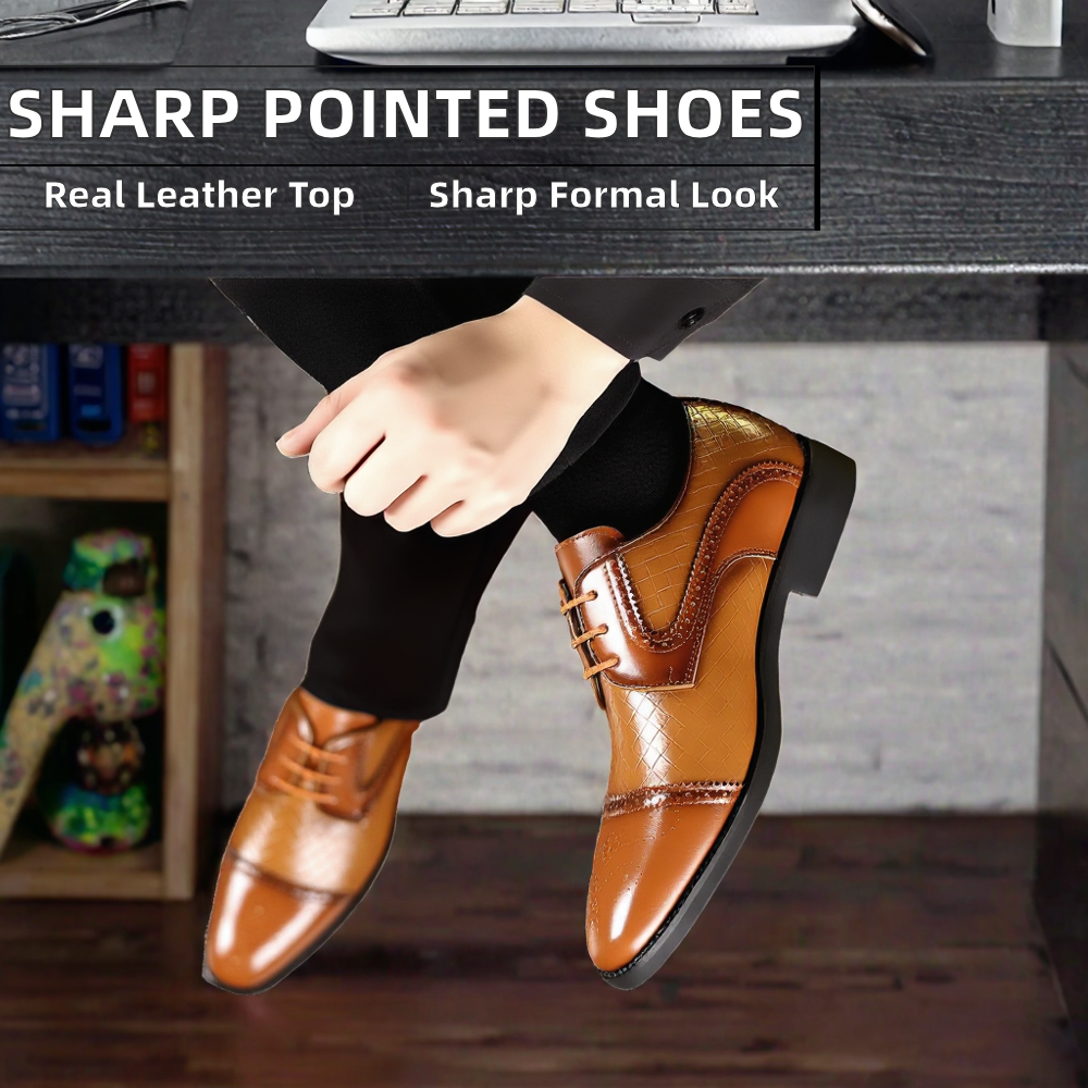 Mens Lace-Up Formal Shoes Spring Winter Autumn Summer Office Career Sharp Pointed Toe Large Size Low Top Genuine Leather Stone