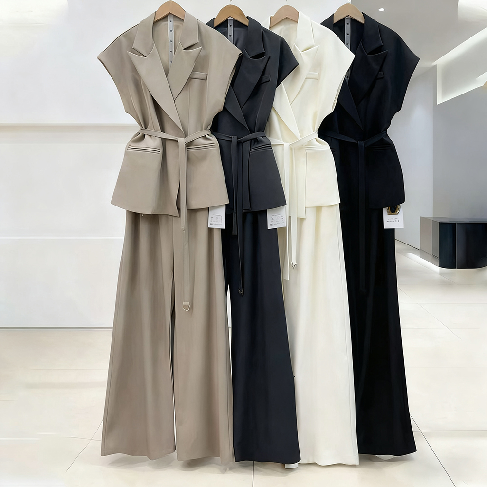 Women's Summer Two-piece Set 2025 Cap Sleeve V-neck blazer Vest Wide-leg Pants Suit Formal