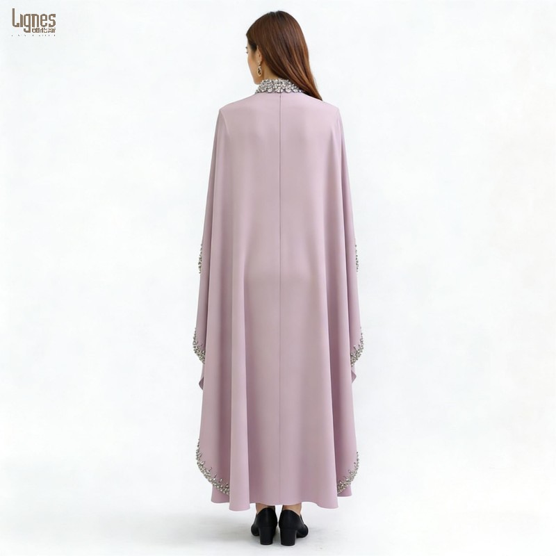 New Design Hand-Sewn Rhinestone Abaya Kaftan Light Pink Elegant Muslim Long Dress for Formal Occasions