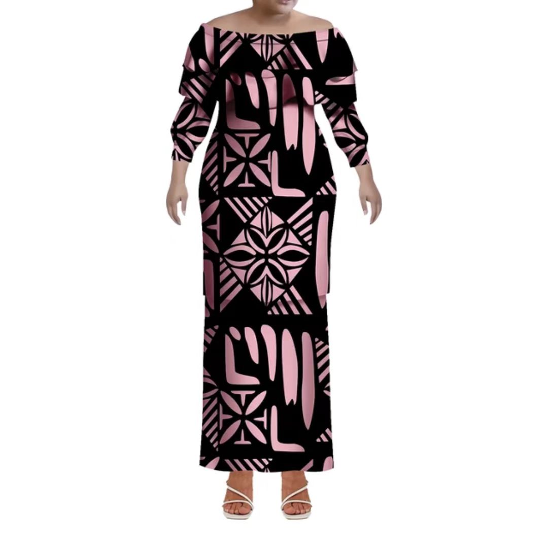 High Quality Custom plus size casual dresses Design Ladies Long Sleeve modest dress Double Layered Ruffle formal dress Two Piece