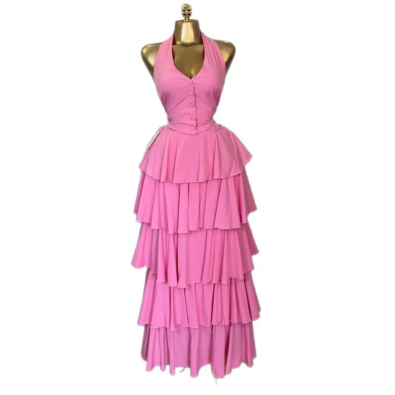 Hanging Neck Sleeveless Vest High Waist Cake Halter Skirt Women's 2 Piece Set