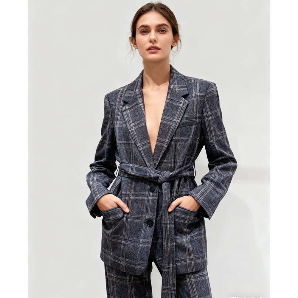 Customizable Formal Waist Cinched Women's 2-Piece Long Plaid Worsted Blazer Suit with Skinny Fit Eco-Friendly &amp; Breathable
