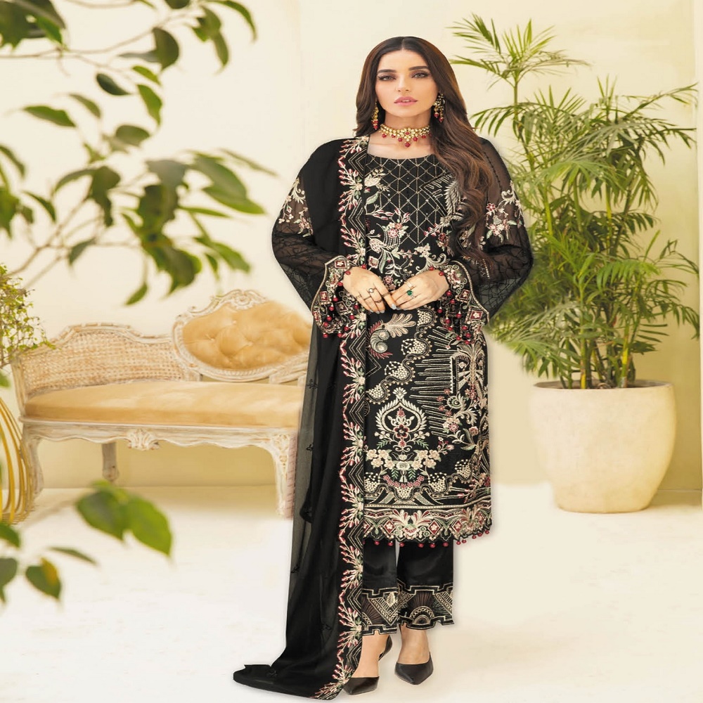 Ramsha NAYAB Luxury 3-Piece Embroidery Modern Lightweight Pakistani Branded Chiffon Floor-Length Sari Set Original Formal Party