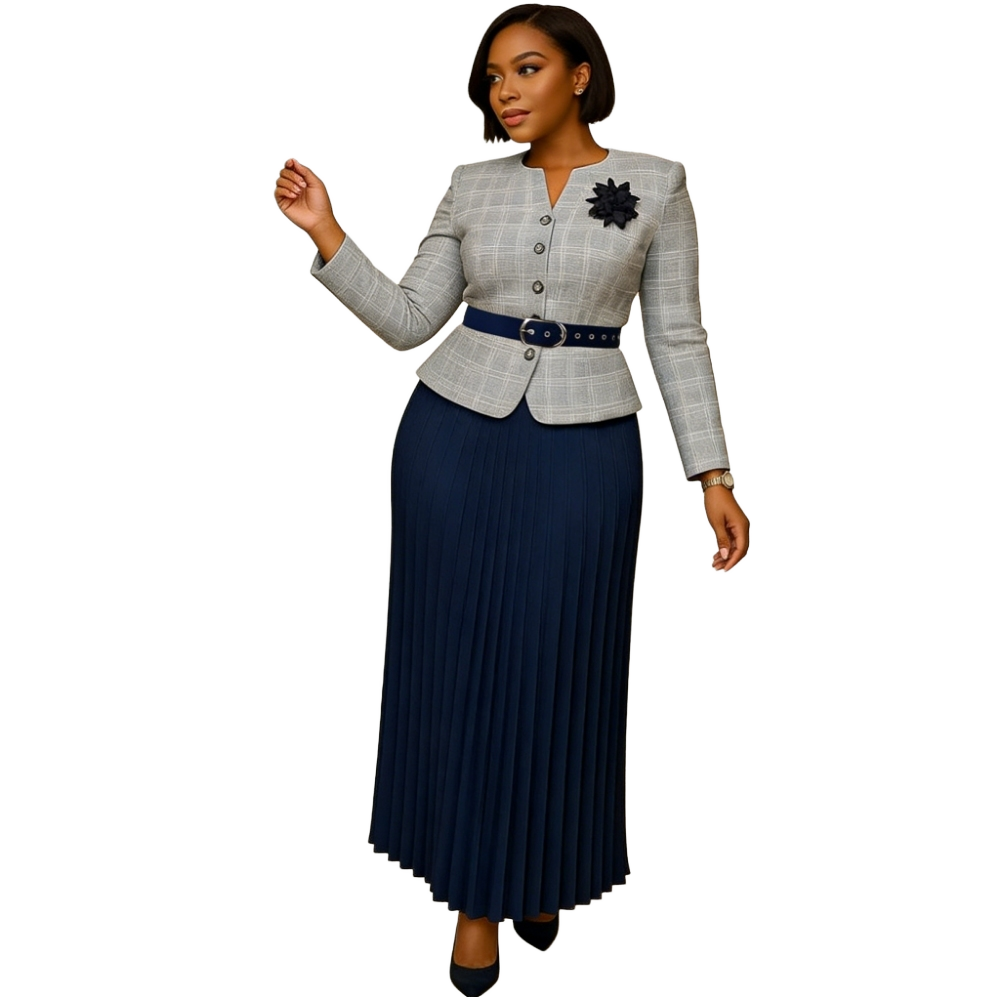 Women's 2 Piece Formal Suit Plaid Blazer and Pleated Maxi Skirt Set with Belt and Brooch