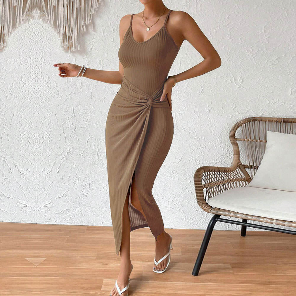 MIER 9131 Solid Knee Mini Formal V-neck Knitted A-Line Dress Outfit Slimming Elegant Eco-Friendly Comfortable Washable