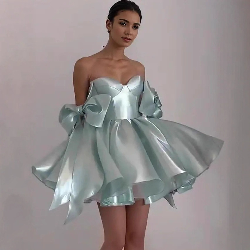 Sexy Strapless Bodycon Mini Dress Women Summer 3D Big Bow Knot Design Pencil Skirt Elegant Night Out Party Clubwear Gown