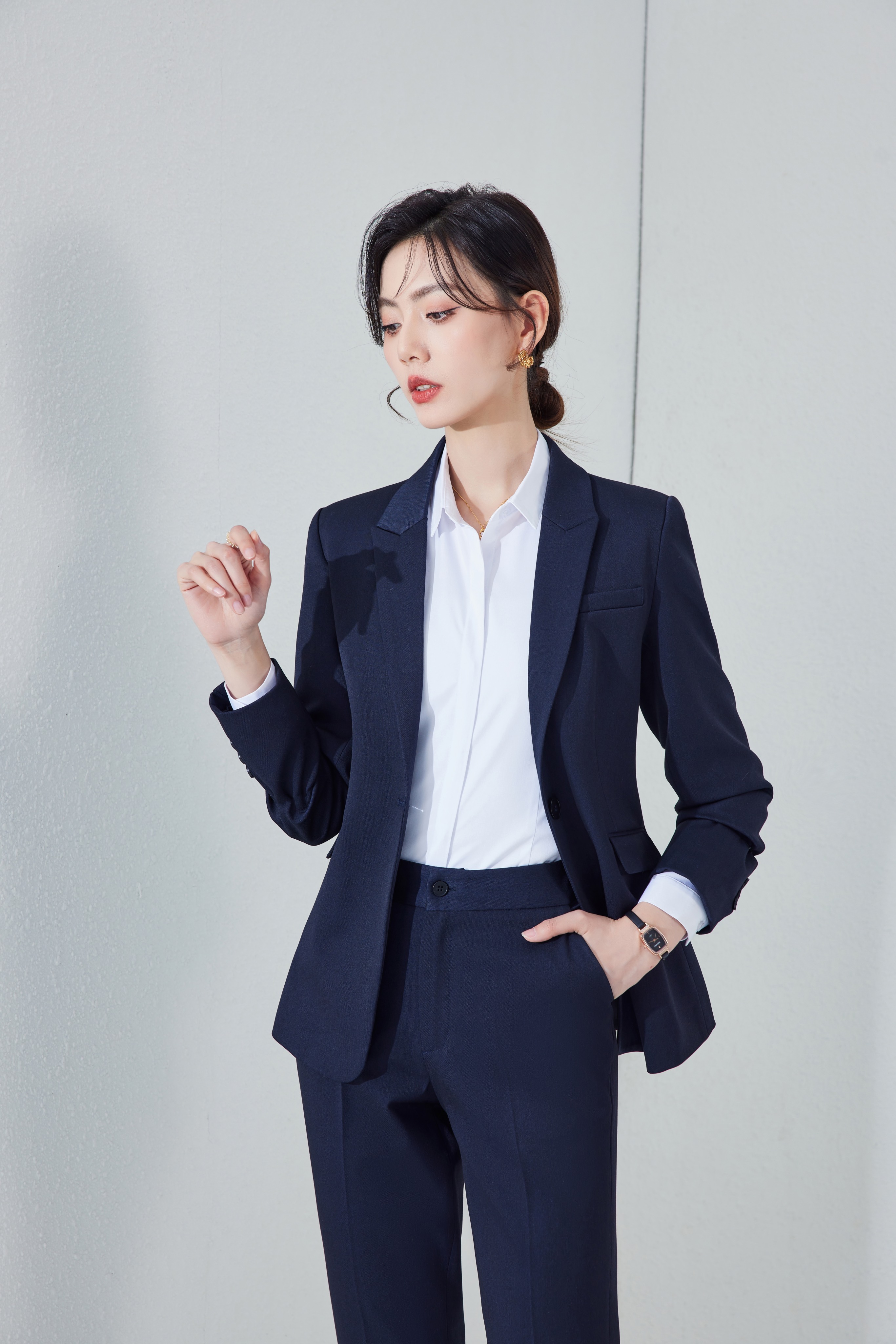 Durable Non-IronHigh Durability Work Women's Formal Office Business Suit Jacket &amp; Long Pants Set Button Decorated Church Uniform