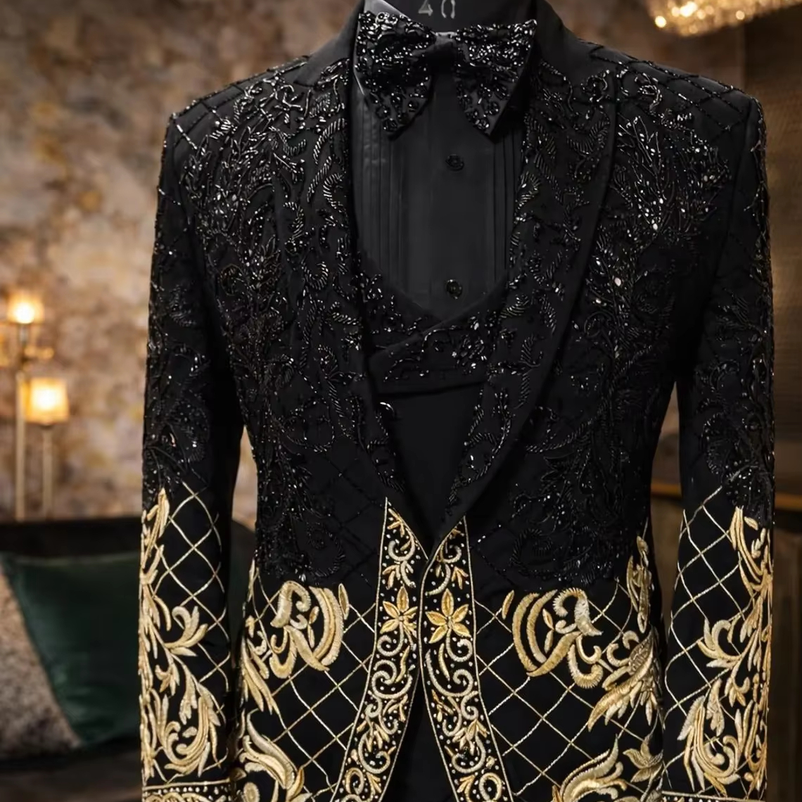 Men&rsquo;s Black Luxury Designer Tuxedo Suit with Gold Embroidery &ndash; Wedding Party Blazer with Vest &amp; Bow Tie