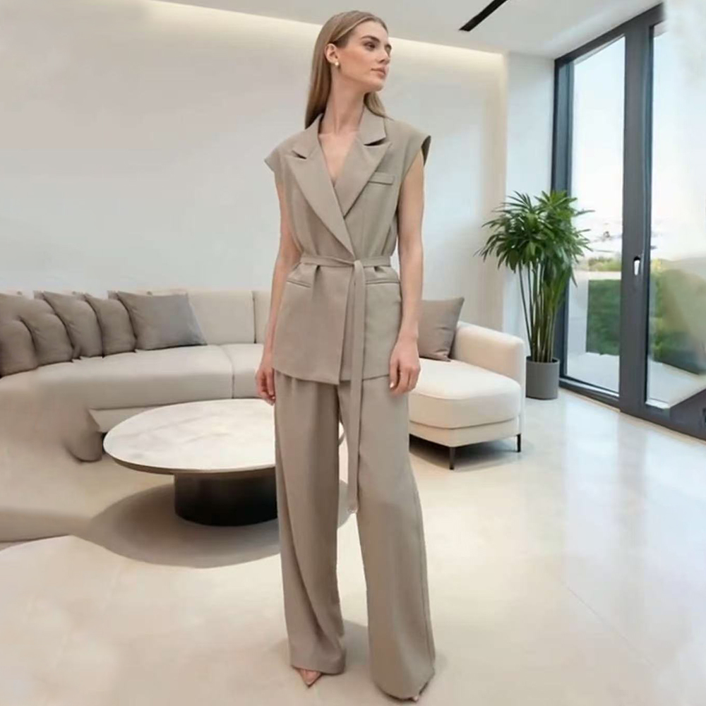 Women's Summer Two-piece Set 2025 Cap Sleeve V-neck blazer Vest Wide-leg Pants Suit Formal